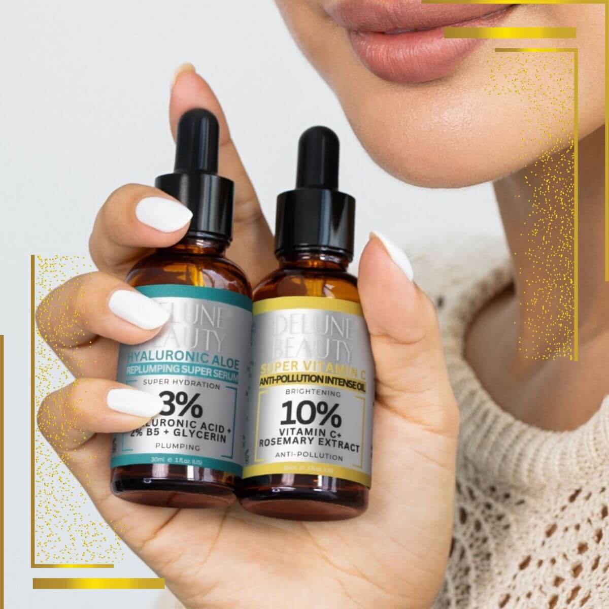Woman holding Delune Skincare hyaluronic serum bottles, designed for rejuvenating skin with anti-pollution and hydrating benefits.