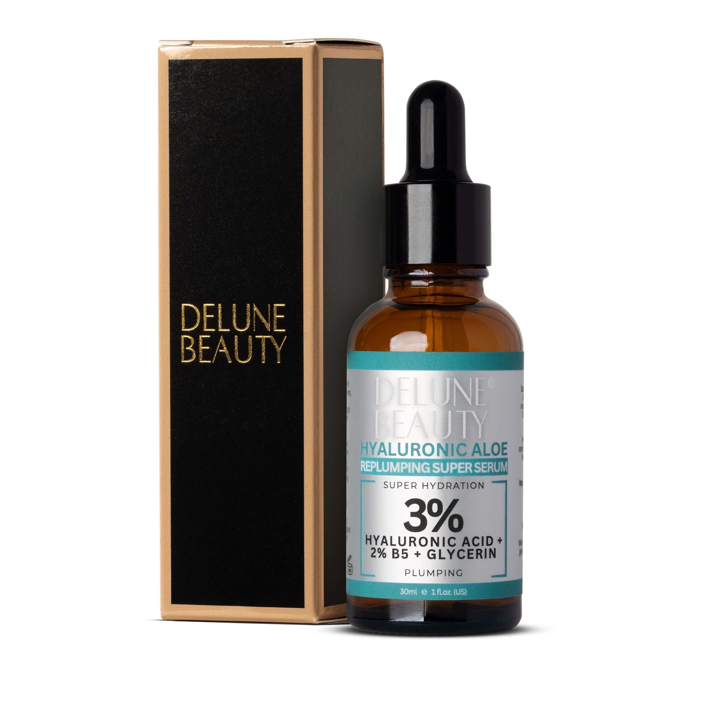 Delune 3% Hyaluronic Aloe Face Serum bottle and box, ideal for hydrating and revitalizing dry, dull skin with organic ingredients.