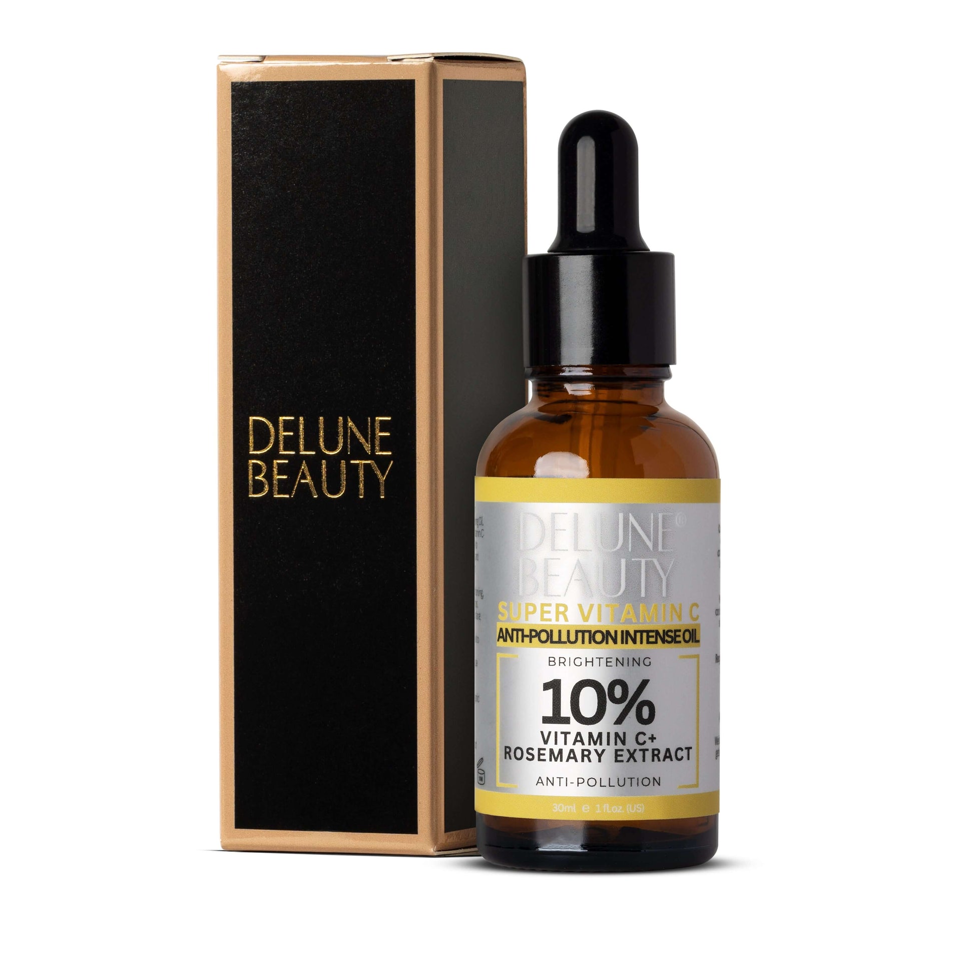 Delune Super 10% Vitamin C Anti-Pollution Brightening Oil, promotes luminous glow and resilience against dark spots.