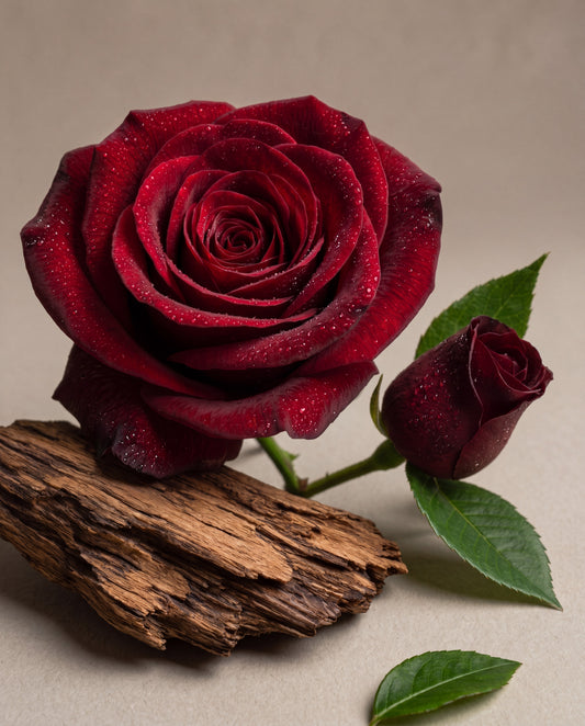 Perfume UAE – Delune Dubai Rose Velvet & Oud scent notes: a velvet red rose and bud resting on oud wood