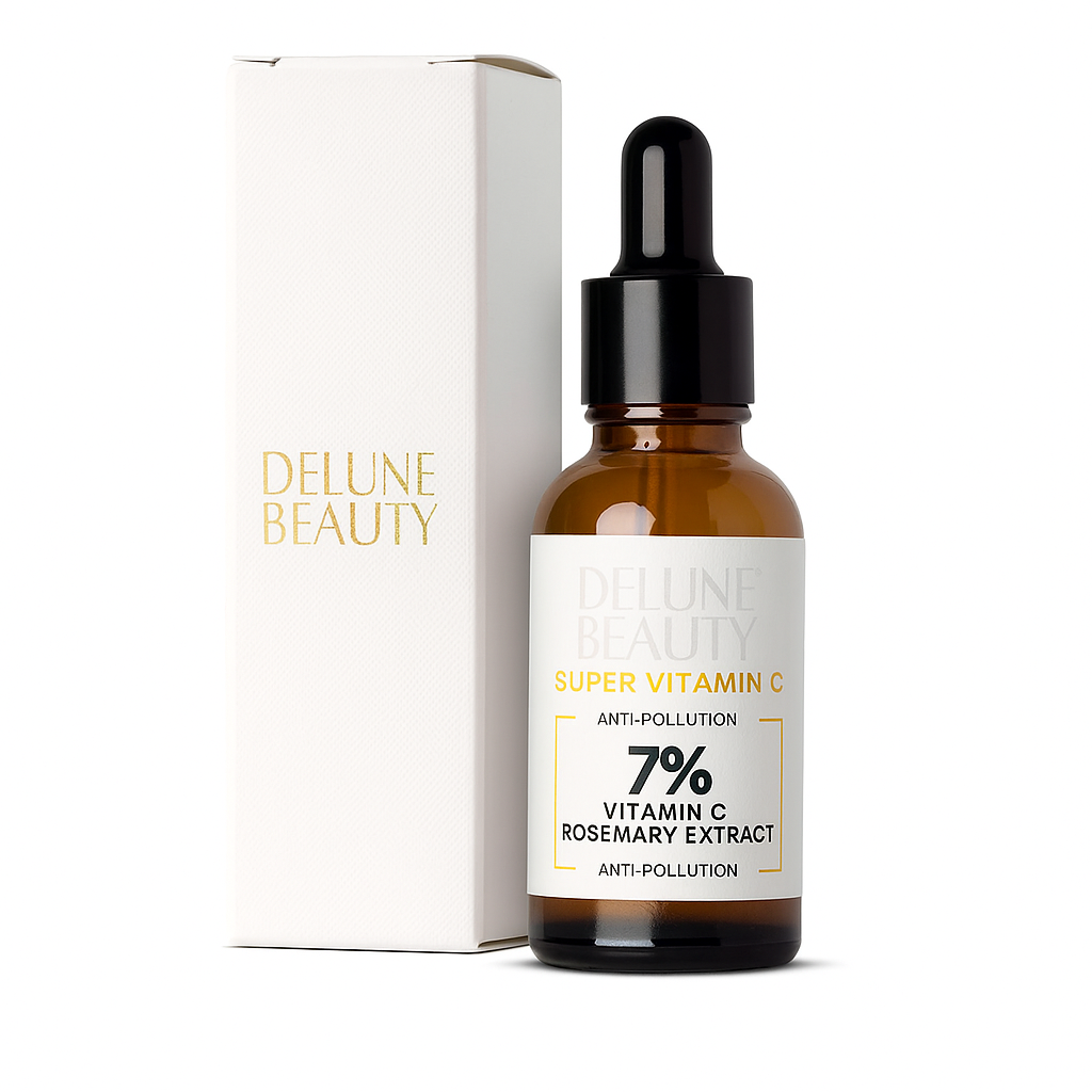Delune's Super Vitamin C 7% Light Oil bottle with packaging, featuring antioxidant-rich formula for radiant, brighter skin.