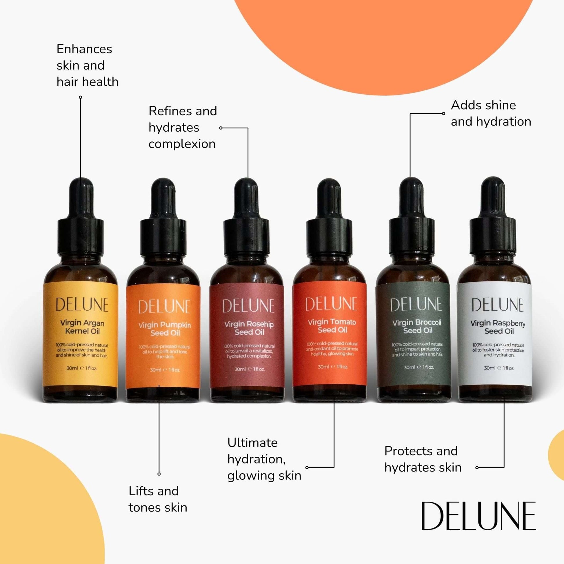 Delune collection of seed oils: argan, pumpkin, rosehip, tomato, broccoli, raspberry for skin and hair health.