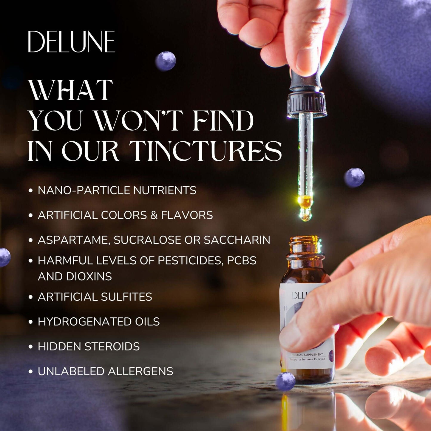 Hand holding a dropper above an herbal tincture bottle, highlighting ingredients not included, such as artificial flavors and allergens.