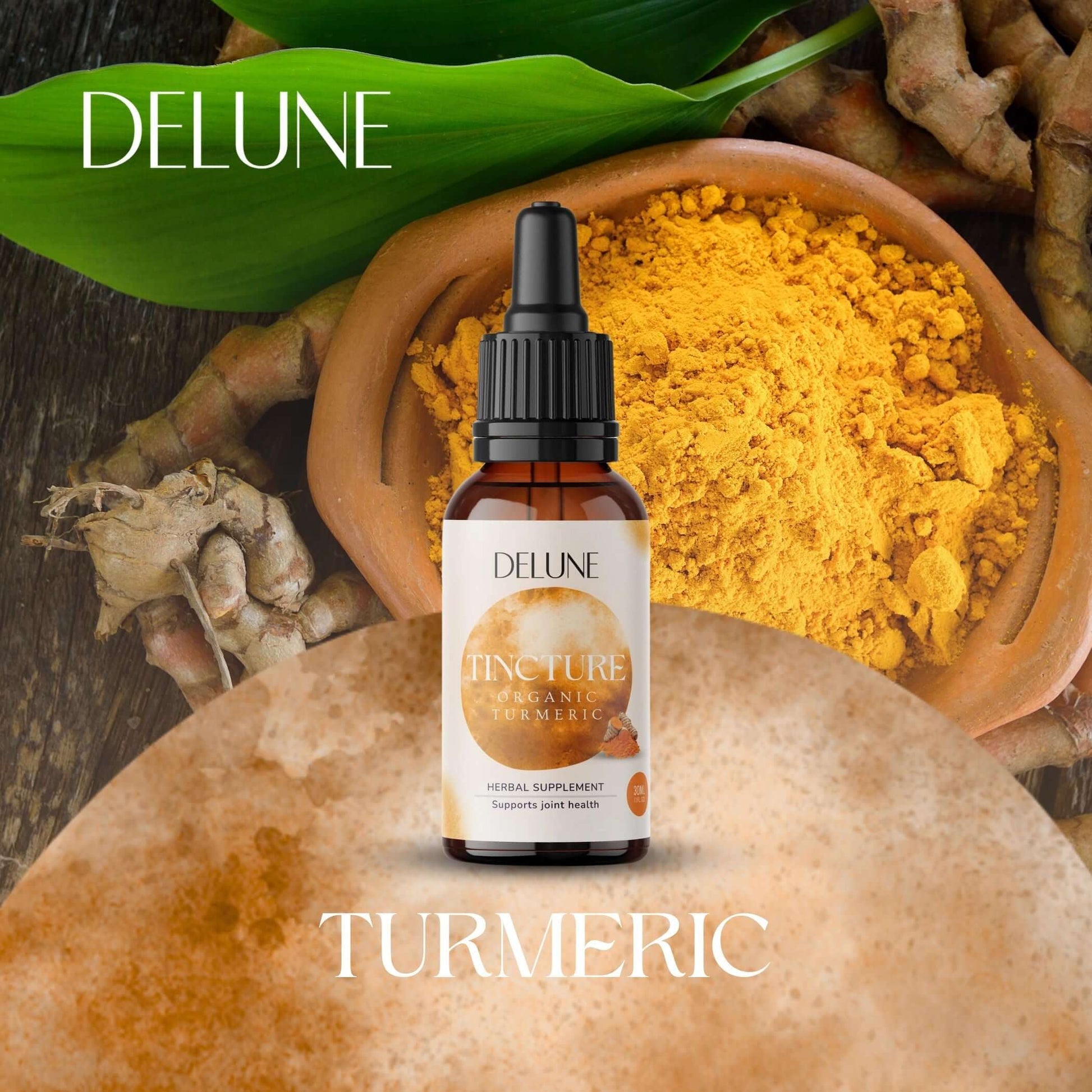 Organic Turmeric Herbal Tincture bottle with turmeric powder and root, emphasizing Ayurvedic wellness and vitality benefits.
