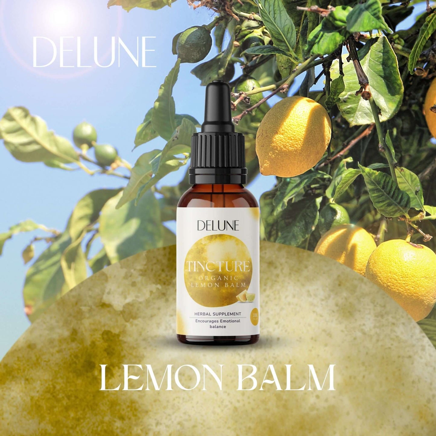 Organic Lemon Balm Tincture Bottle with Fresh Lemons in Background, Promoting Stress Relief and Tranquility