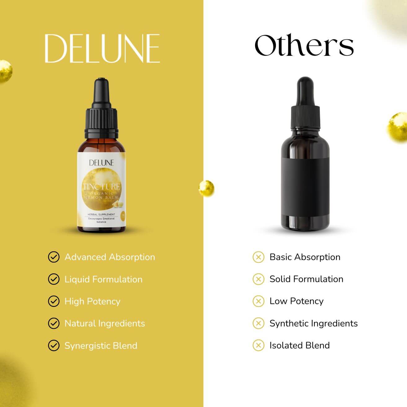 Comparison of DELUNE Lemon Balm Tincture with advanced absorption and natural ingredients versus a generic tincture with lower quality.