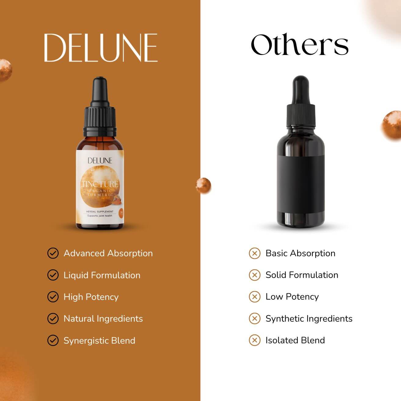Comparison of Delune organic turmeric tincture with others, highlighting benefits such as advanced absorption and natural ingredients.