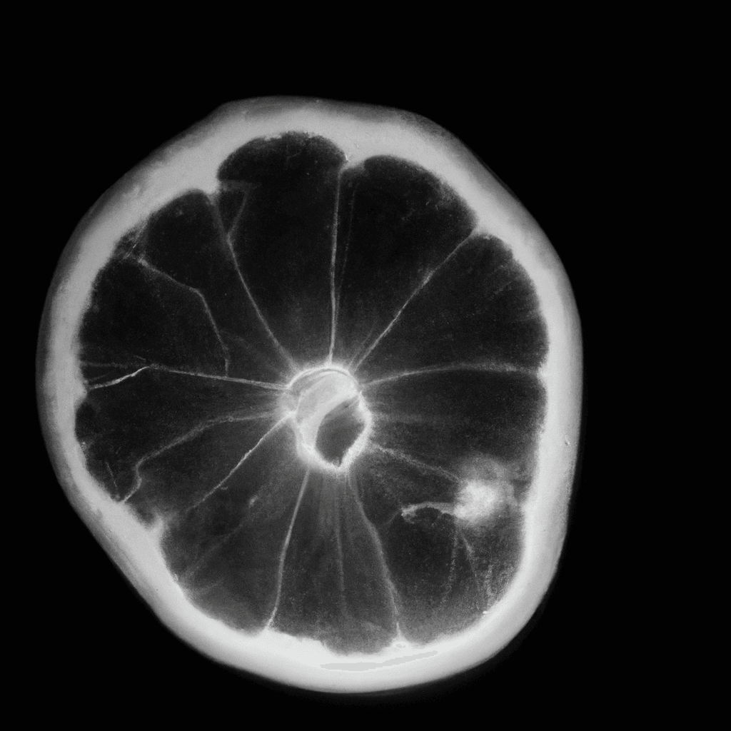 Black and white slice of blood orange with intricate details, highlighting vibrant citrus texture.