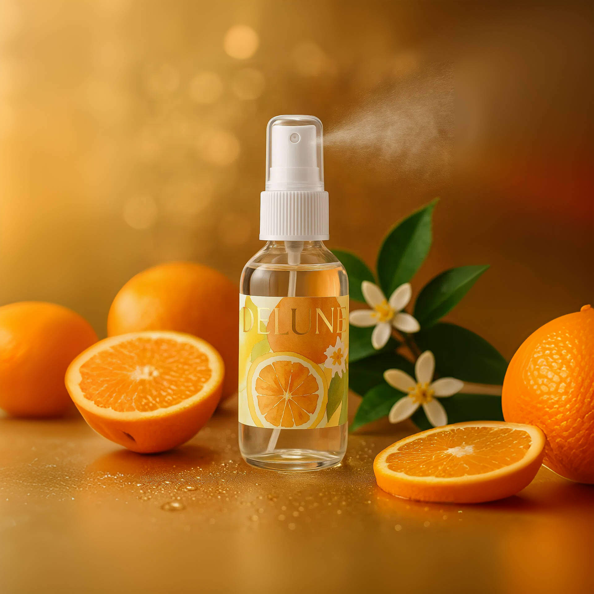 Blood Orange Hydrosol Face Mist with fresh oranges and citrus blossoms, evoking vitality and a radiant glow in a vibrant setting.