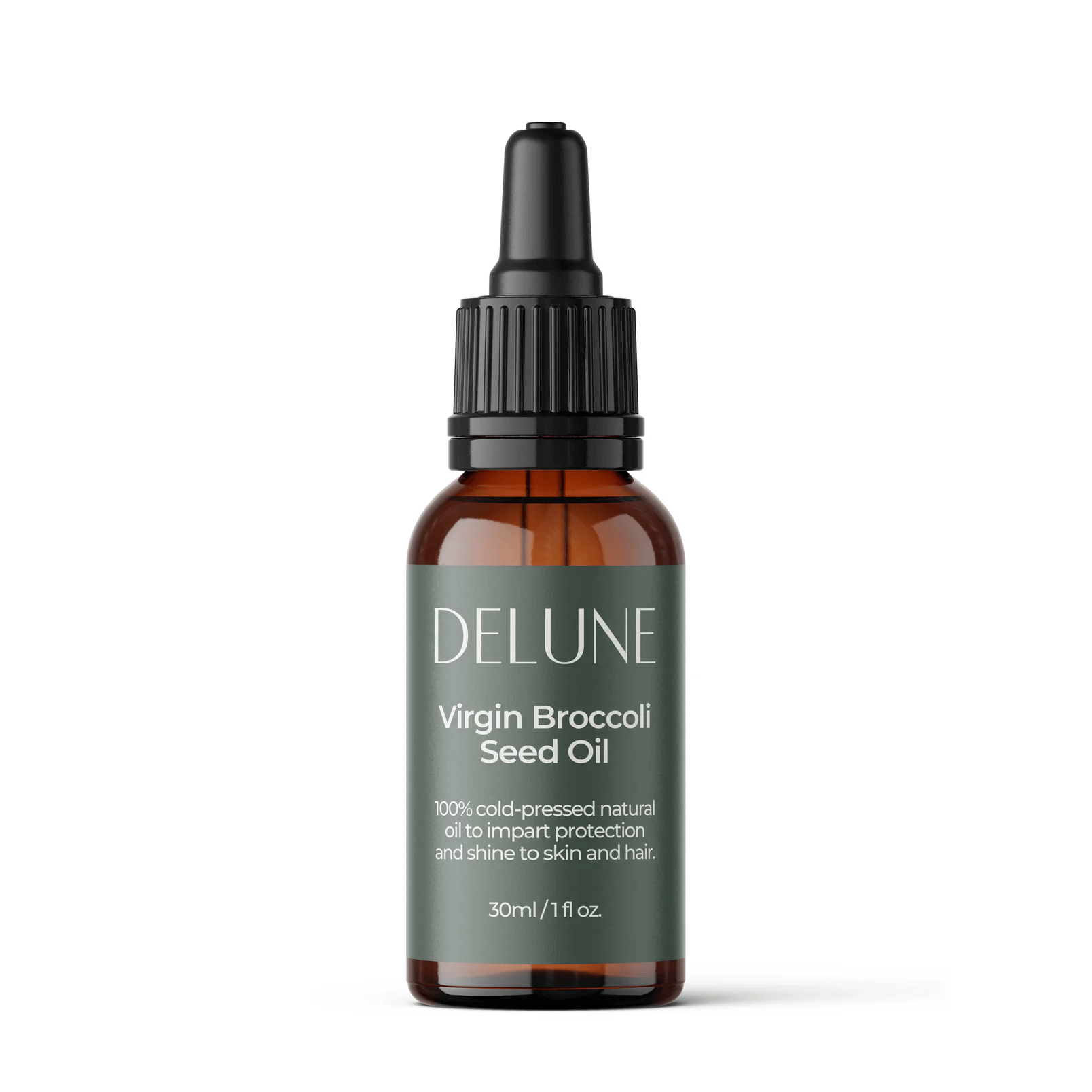 Delune Virgin Broccoli Seed Oil bottle for skin and hair protection, 100% cold-pressed natural oil for shine and absorption, 30ml.