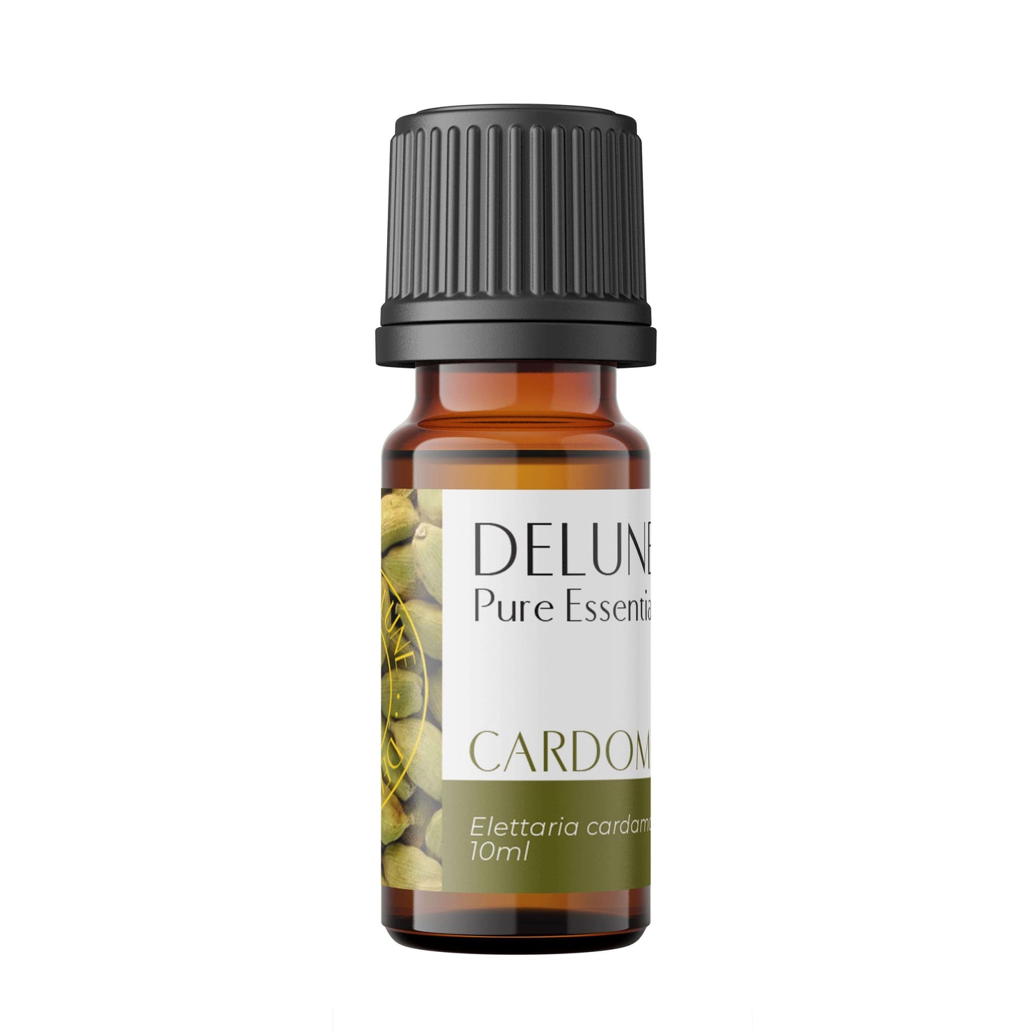Amber bottle of Cardamom Pure Essential Oil by Delune highlighting its cozy, aromatic profile for mindfulness and meditation practices.