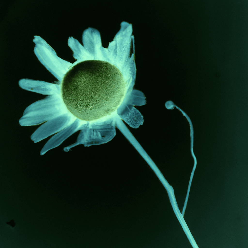 Negative image of a single chamomile flower on a dark background, highlighting the flower's delicate petals and calming aesthetic.