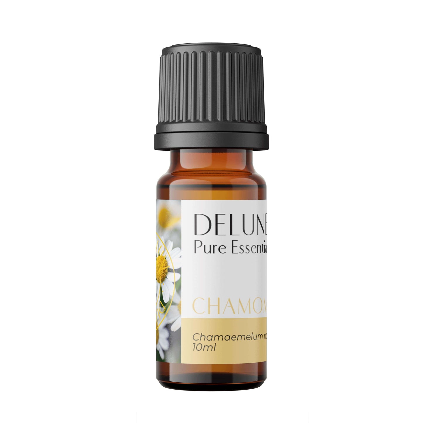 Chamomile Roman Pure Essential Oil bottle promoting relaxation, tranquility, and restful sleep benefits.