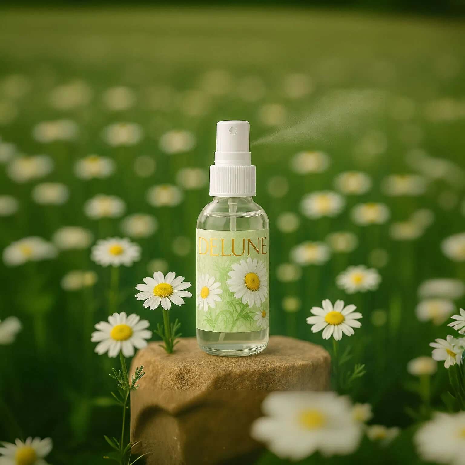 Chamomile Hydrosol Face Mist bottle with chamomile flowers in a lush field, promoting skin calmness and stress relief naturally.