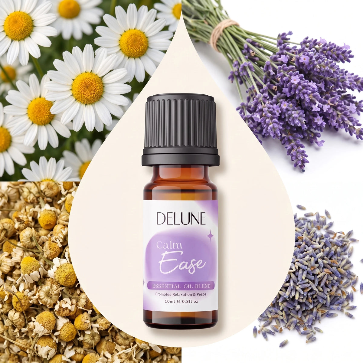 Essential oil blend UAE – Delune Dubai Calm Ease Essential Oil Blend surrounded by its ingredients