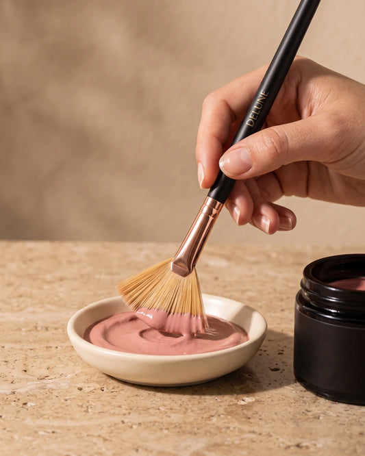 Facial tool UAE – Hand loading the Delune Dubai fan brush with rose clay paste from a ceramic dish
