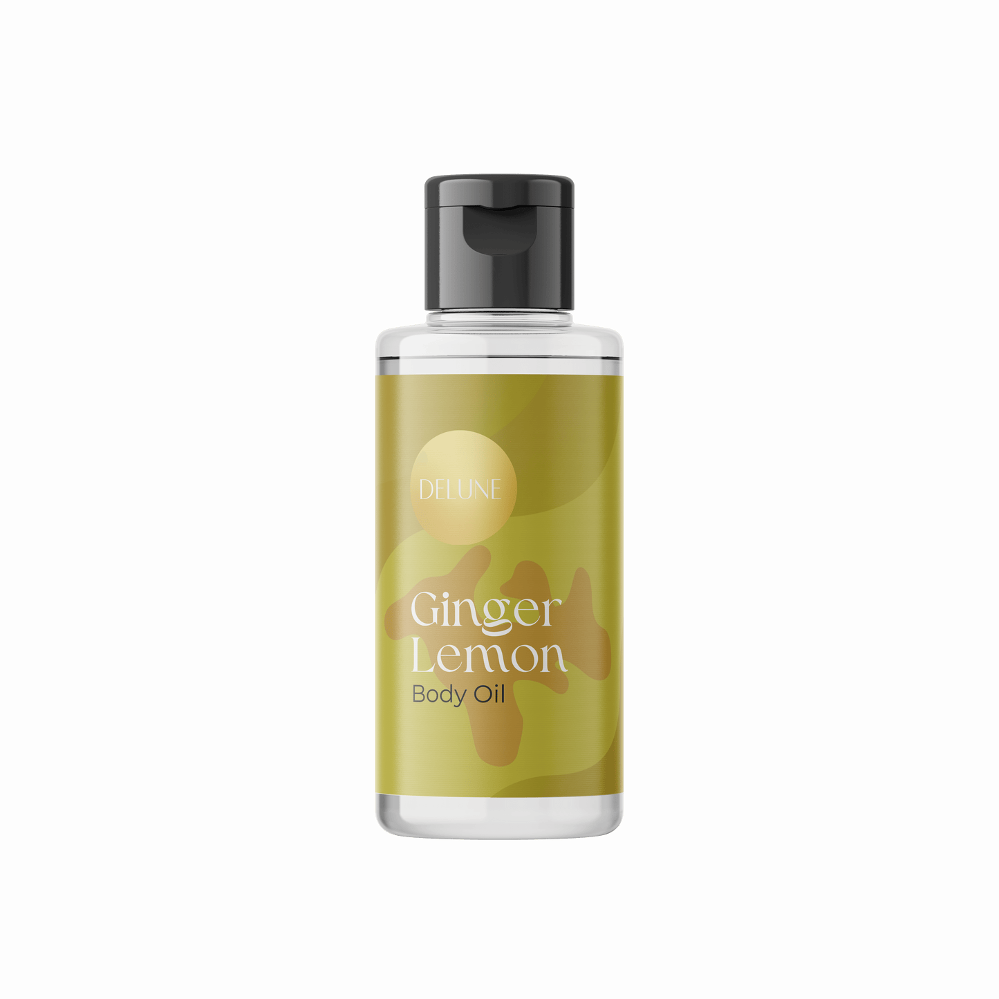 Delune Ginger Lemon Body Oil bottle with invigorating lemon and ginger scent, rejuvenates skin and boosts energy levels.