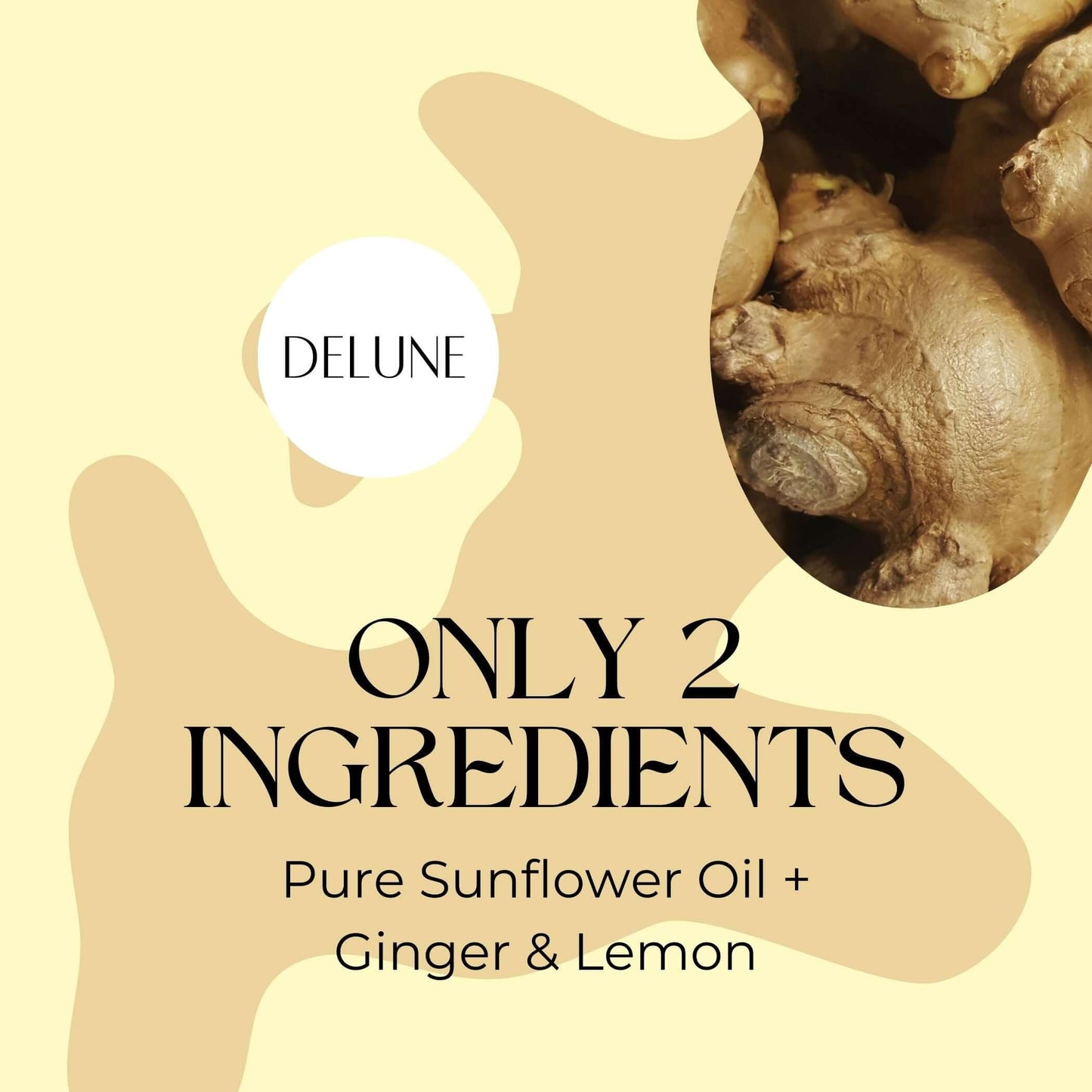Delune Ginger Lemon Body Oil with pure sunflower, ginger, and lemon ingredients for an energizing, skin-glowing experience.