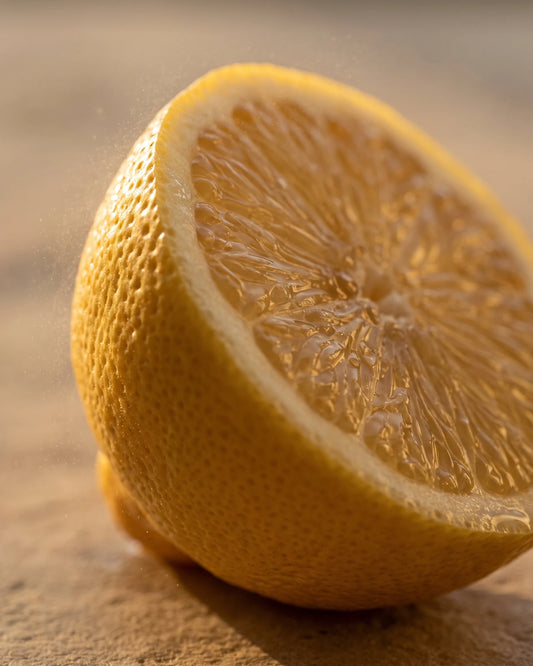 Lemon essential oil UAE – Delune Dubai: macro of a freshly halved lemon