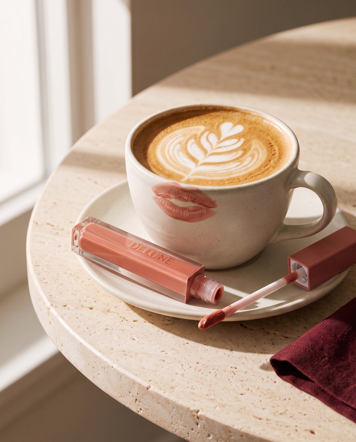 Matte lipstick UAE – Delune Dubai LuxMatte in Rose Latte with a latte and a rose kiss print