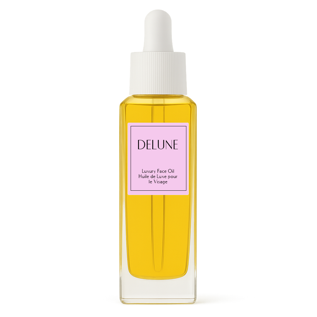 Delune Lavender Absolute Face Oil bottle showcasing luxury skincare product with hydrating and soothing lavender and almond oils.