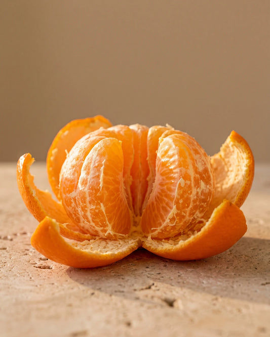 Mandarin essential oil UAE – Delune Dubai: a freshly peeled mandarin with its segments glowing in warm light