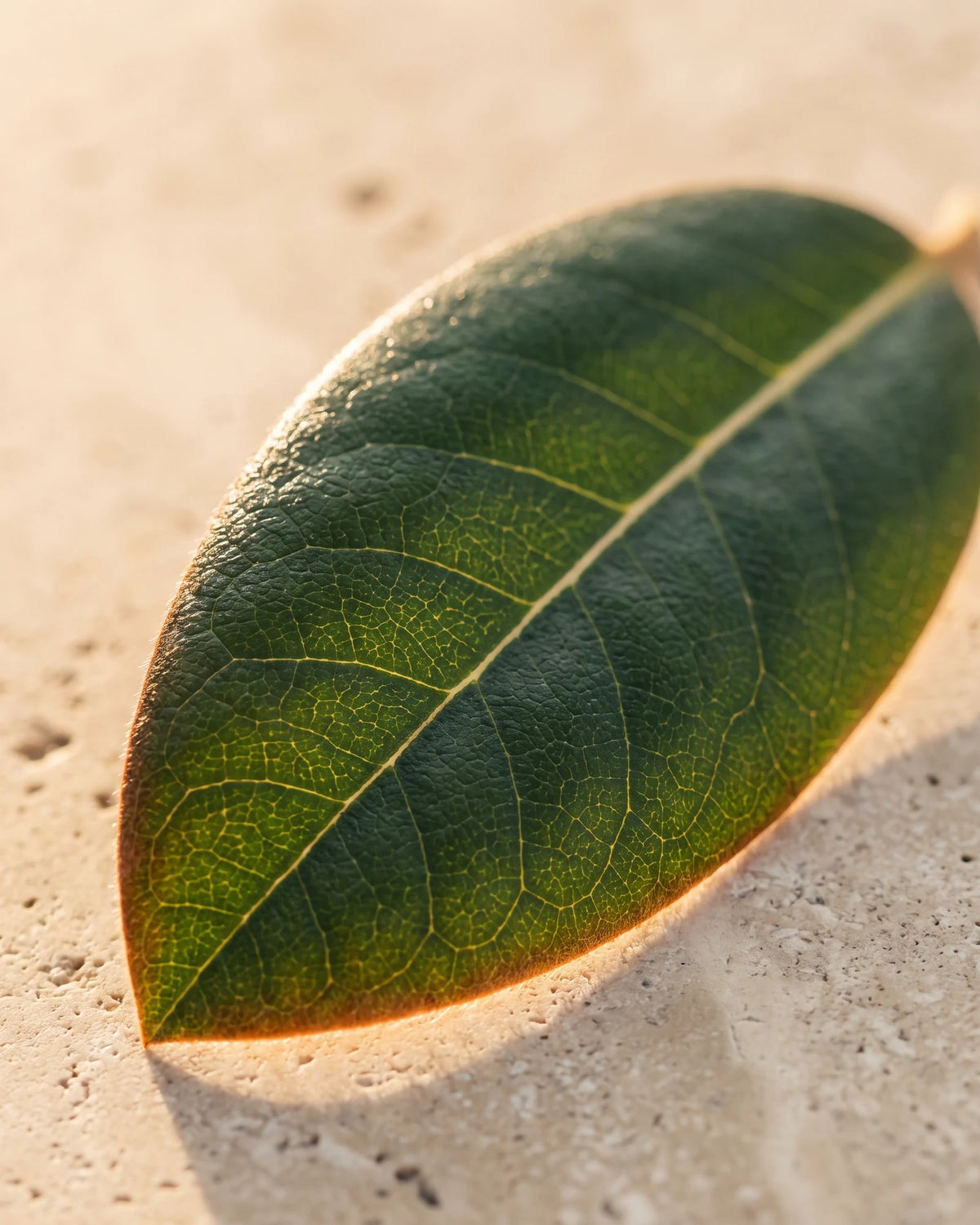 A single glossy rhododendron leaf backlit on warm travertine — the fresh, green-balsamic scent of Delune Rhododendron Leaf Pure Essential Oil