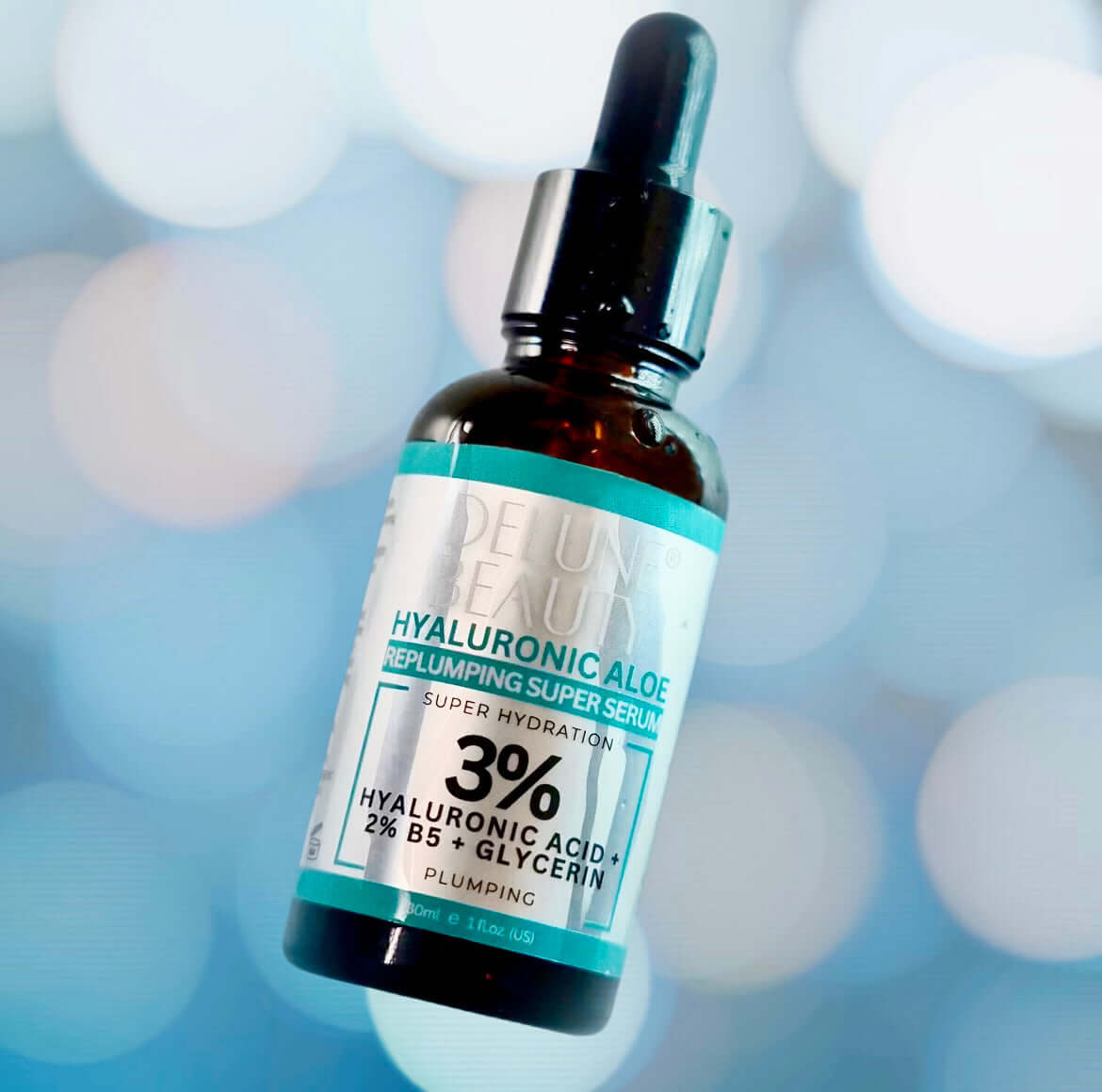 Delune 3% Hyaluronic Aloe Face Serum for hydration and radiance with hyaluronic acid, glycerin, aloe vera.