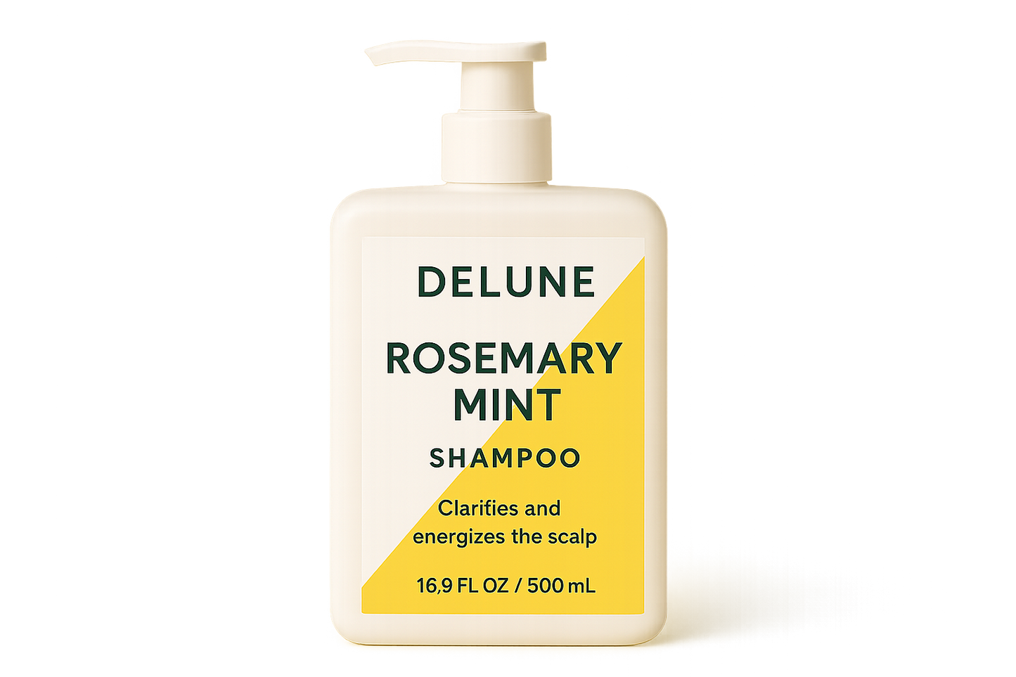 Rosemary Mint Shampoo bottle by Delune, 16.9 FL OZ, for clarifying and energizing the scalp with rosemary and peppermint.