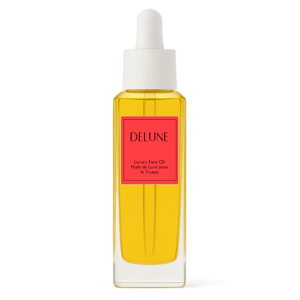 Delune Geranium & Orange Blossom luxury face oil in a glass bottle with dropper, promising soft and silky smooth skin.