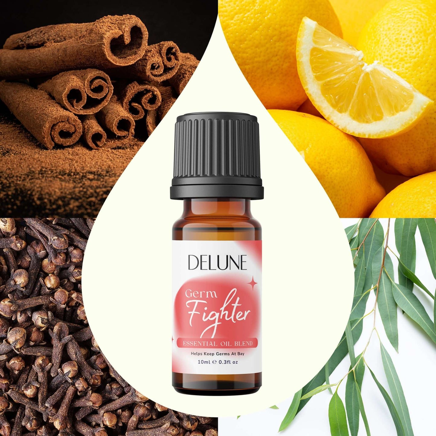 Delune Germ Fighter Essential Oil Blend bottle with cinnamon, lemon, cloves, and eucalyptus for germ protection and freshness.