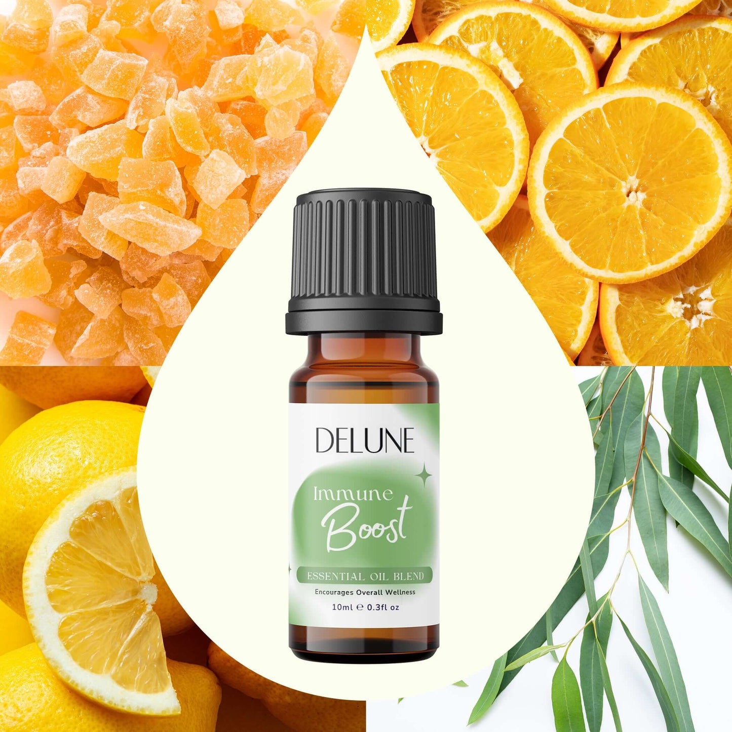 Delune Immune Boost Essential Oil Blend surrounded by vibrant oranges, lemons, and eucalyptus leaves, promoting wellness and vitality.