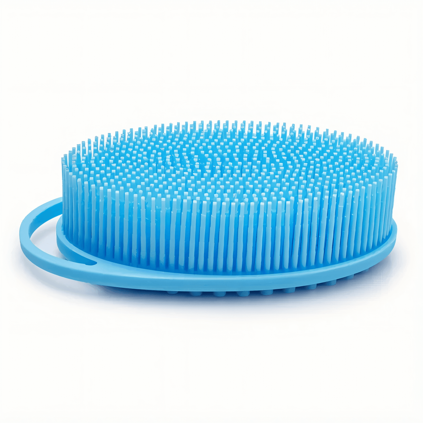 Blue silicone body scrubber with gentle bristles and a convenient handle for cleansing and massaging in the shower or bath.