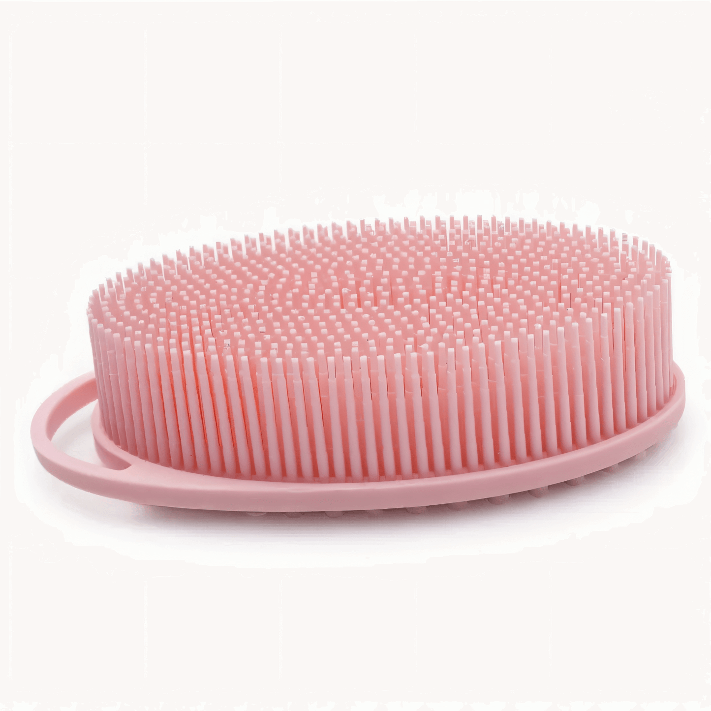 Pink silicone body scrubber with gentle bristles for cleansing and massaging, perfect for a relaxing and full-body clean.