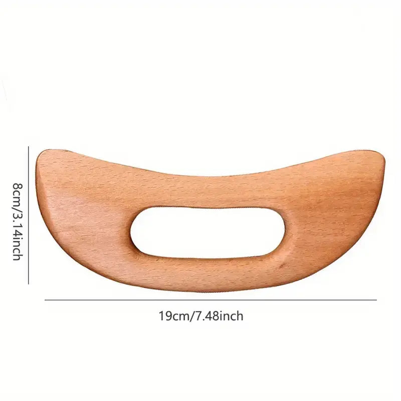 Ergonomic wooden body massager for relieving muscle tension and soreness, shown with dimensions 19cm by 8cm.