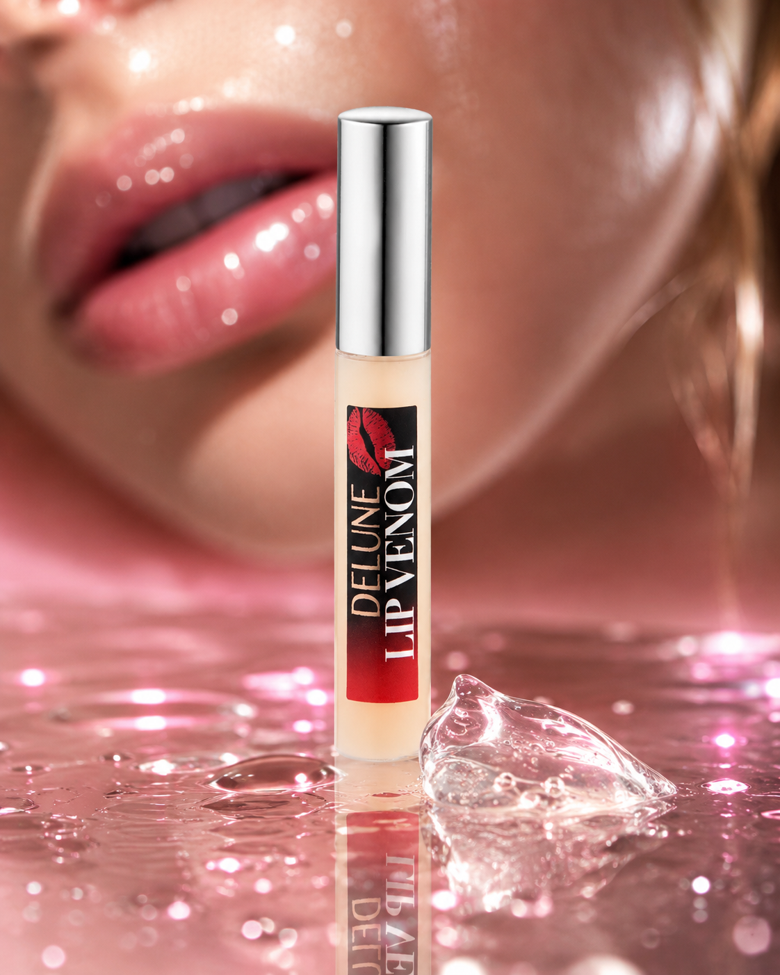 Lip plumping gloss UAE – Delune Dubai Lip Venom Plumping Glossy Balm with glossy lips and water droplets