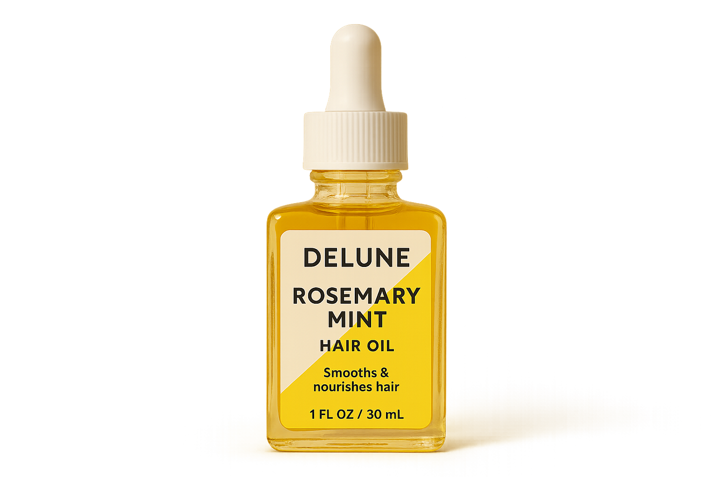 Delune Rosemary Mint Hair Oil bottle for scalp care and hair nourishment with argan, jojoba, and sweet almond oils.