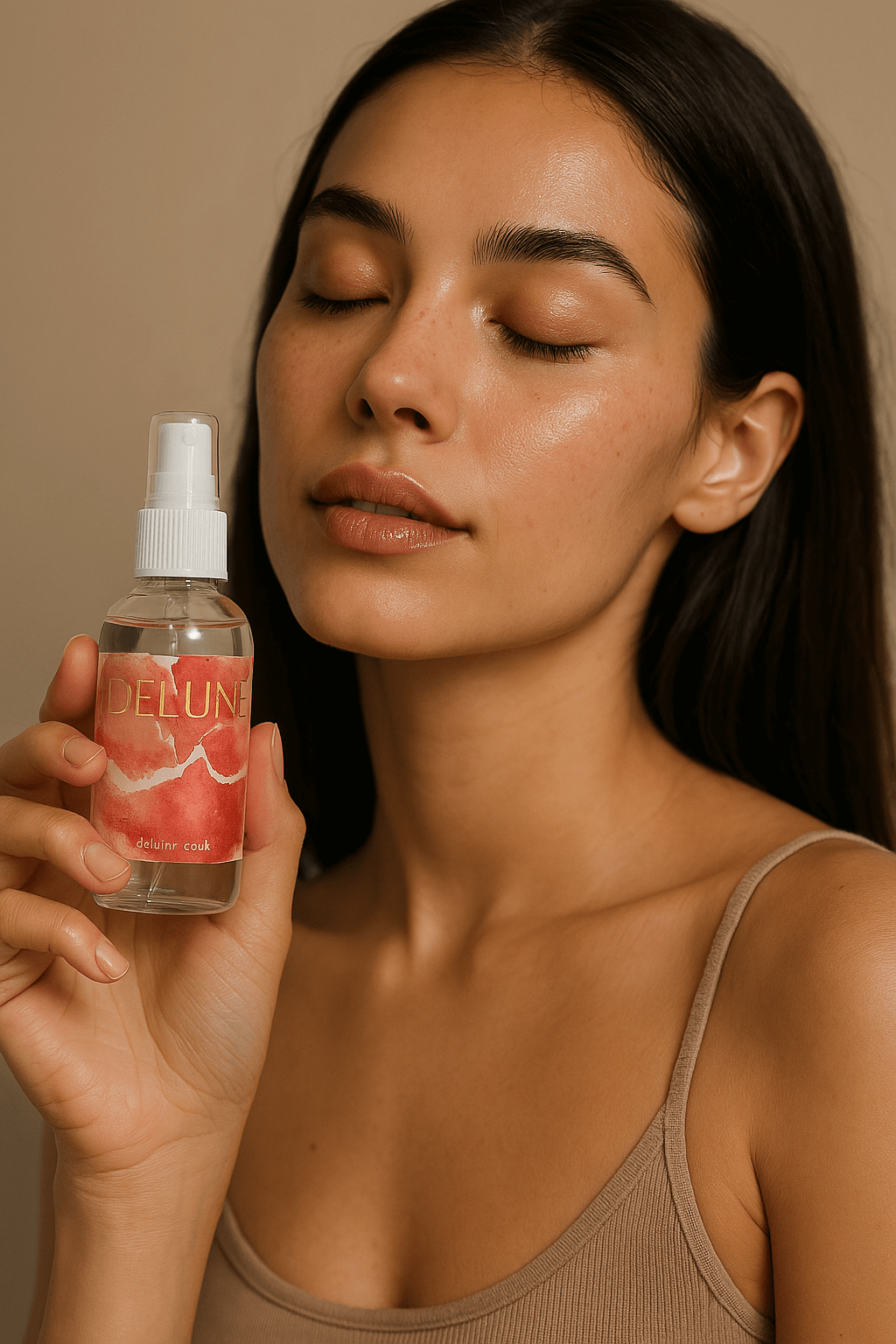 Woman enjoying Rose Hydrosol Face Mist, highlighting skin beauty and floral essence.