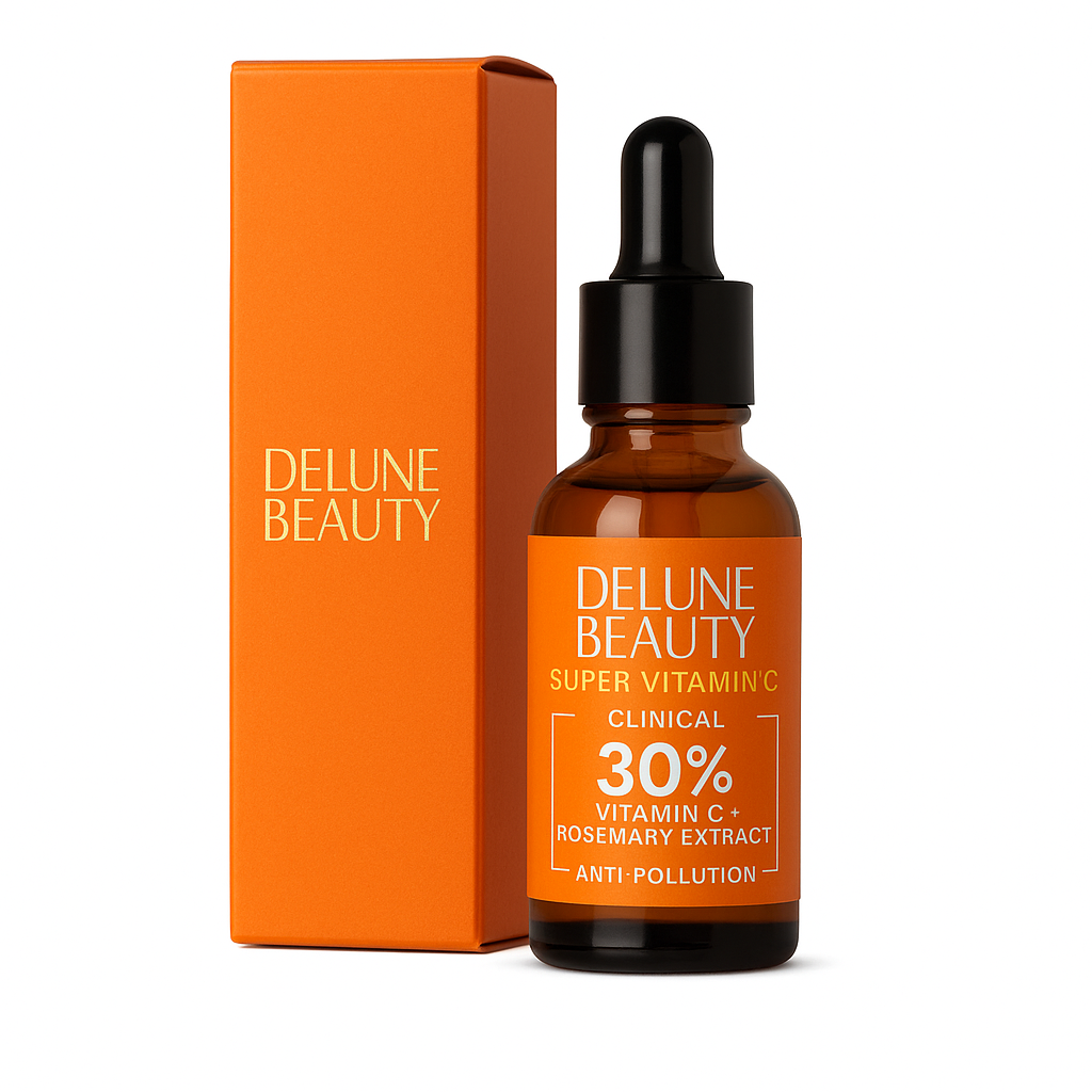 Delune Beauty Super Vitamin C 30% Oil bottle and box. Clinical strength antioxidant serum with rosemary extract.