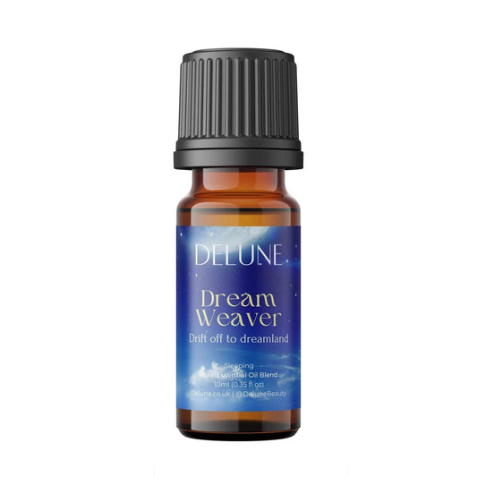 Dream Weaver essential oil blend in a 10ml bottle for sleep and wellbeing, featuring calming ingredients like lavender and chamomile.
