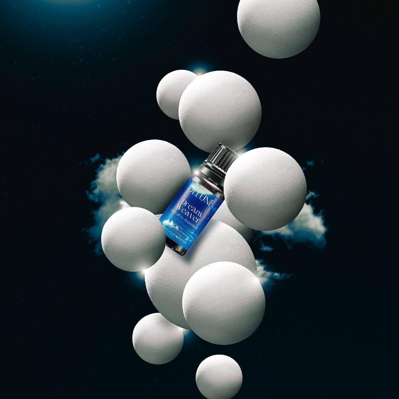 Dream Weaver Sleep Wellbeing Blend essential oil surrounded by floating spheres for relaxation and tranquility