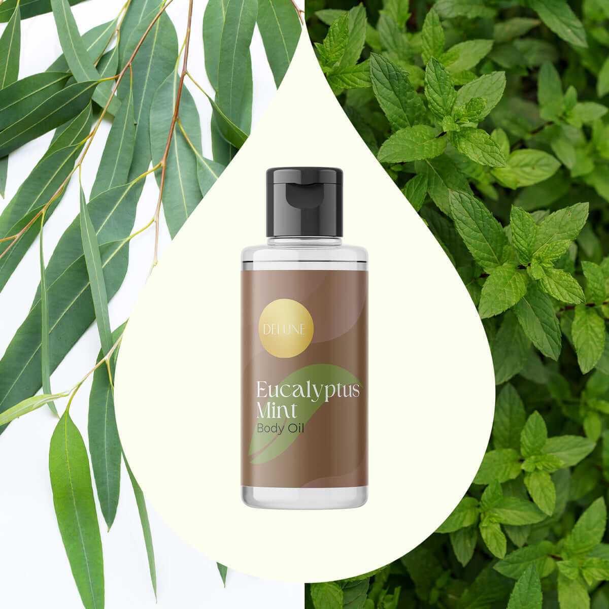 Eucalyptus Mint Body Oil bottle with lush eucalyptus and mint leaves backdrop, offering a refreshing and invigorating experience.