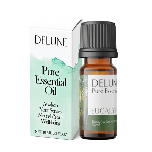 Eucalyptus Pure Essential Oil bottle and packaging for alertness and soothing aroma.
