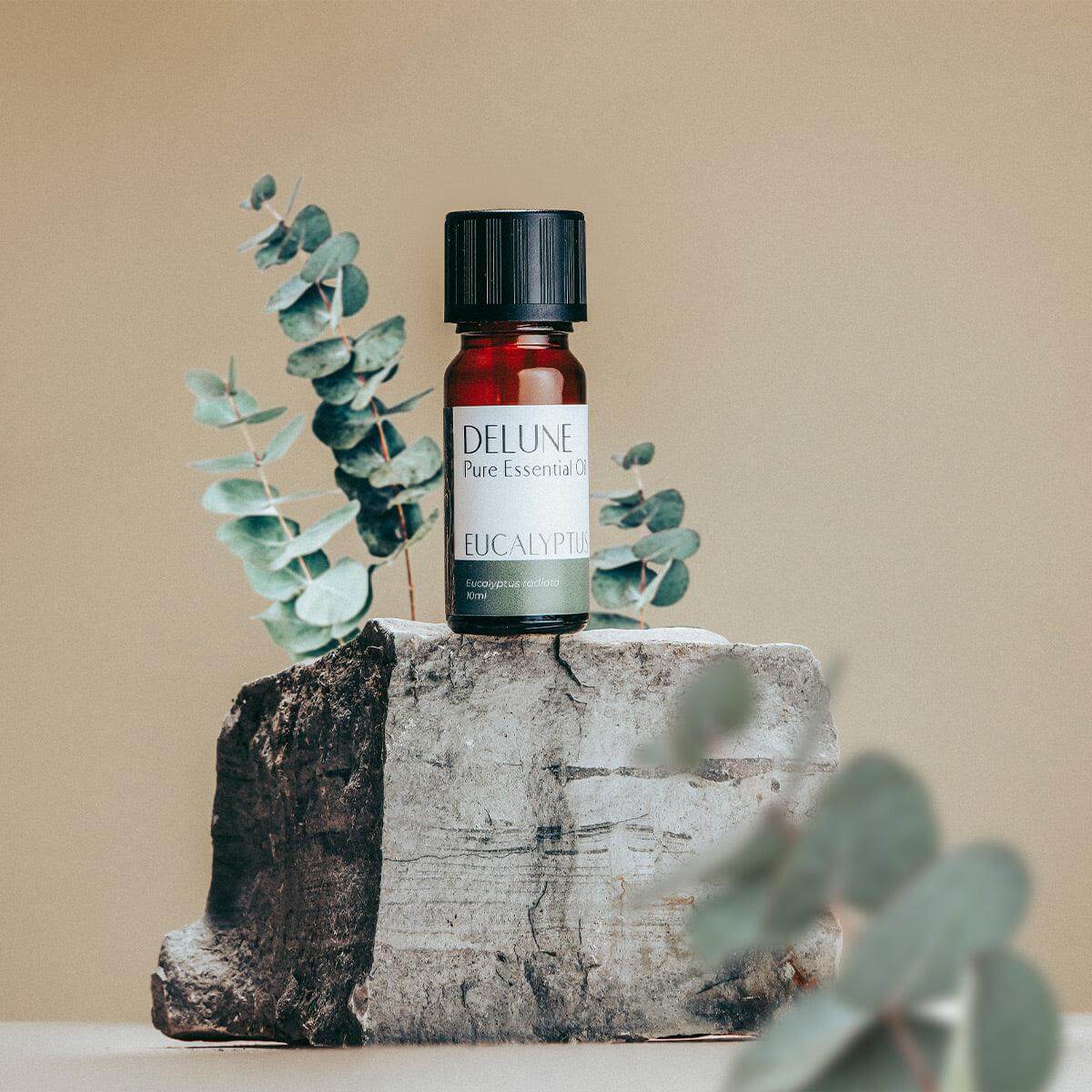 Eucalyptus Pure Essential Oil bottle on rustic surface surrounded by fresh eucalyptus leaves, promoting refreshing and invigorating aroma.
