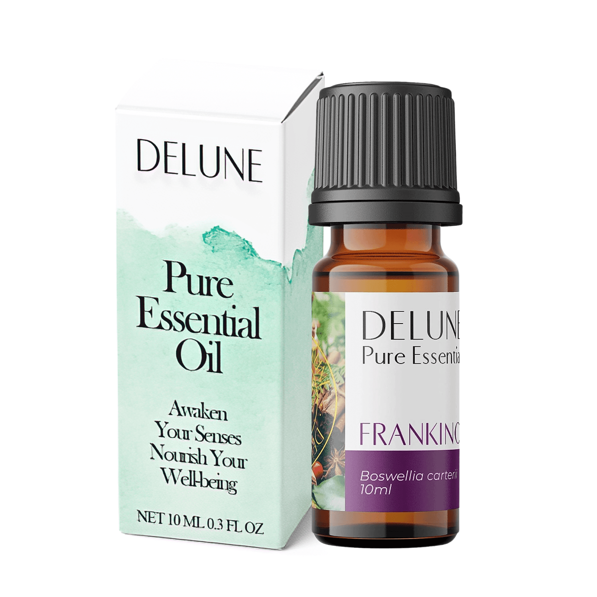 Delune Frankincense Pure Essential Oil bottle and box set, promotes peace of mind and nourishes wellbeing, 10ml.