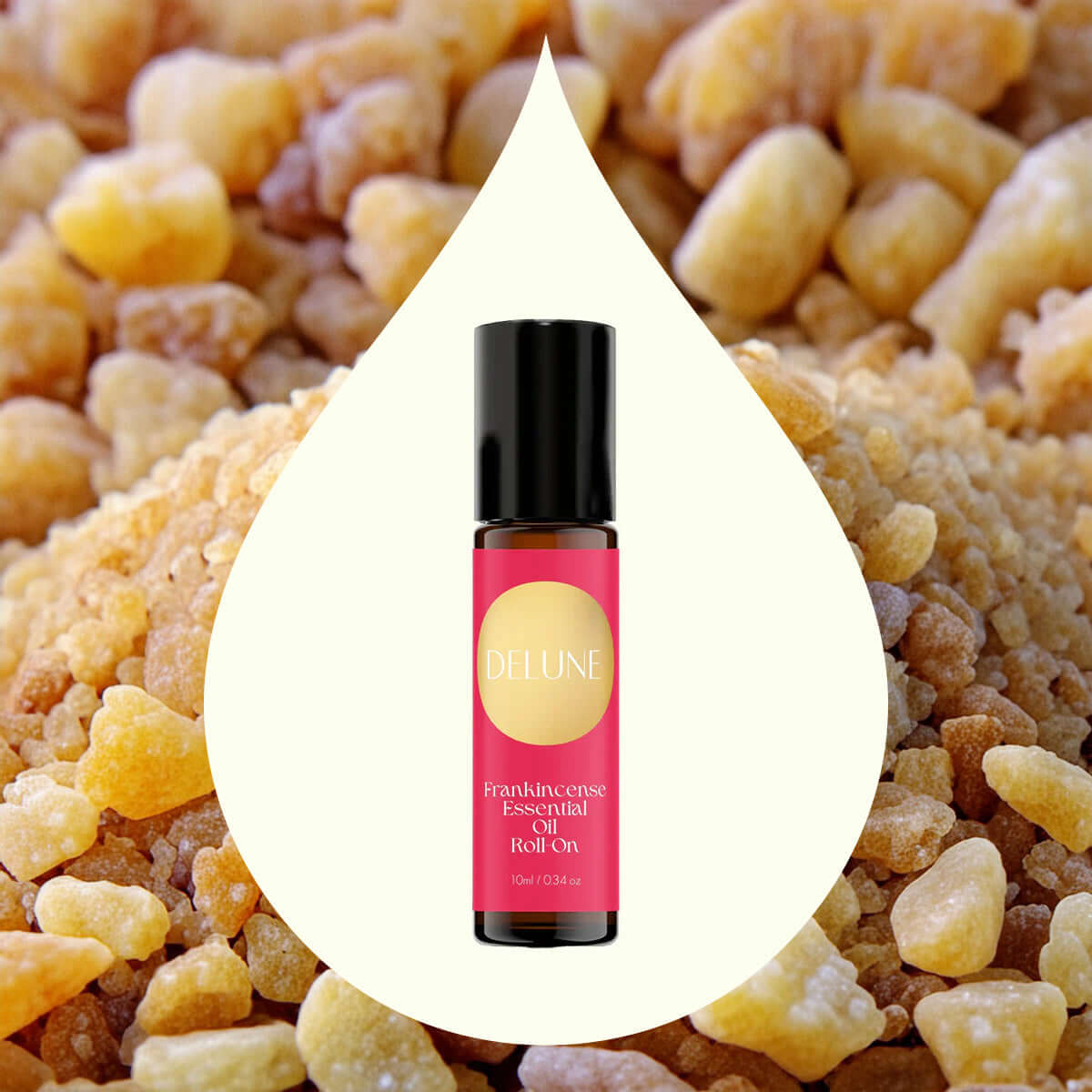 Frankincense Essential Oil Roll-On with warm, grounding aroma in a sleek bottle, set against raw frankincense resin background.