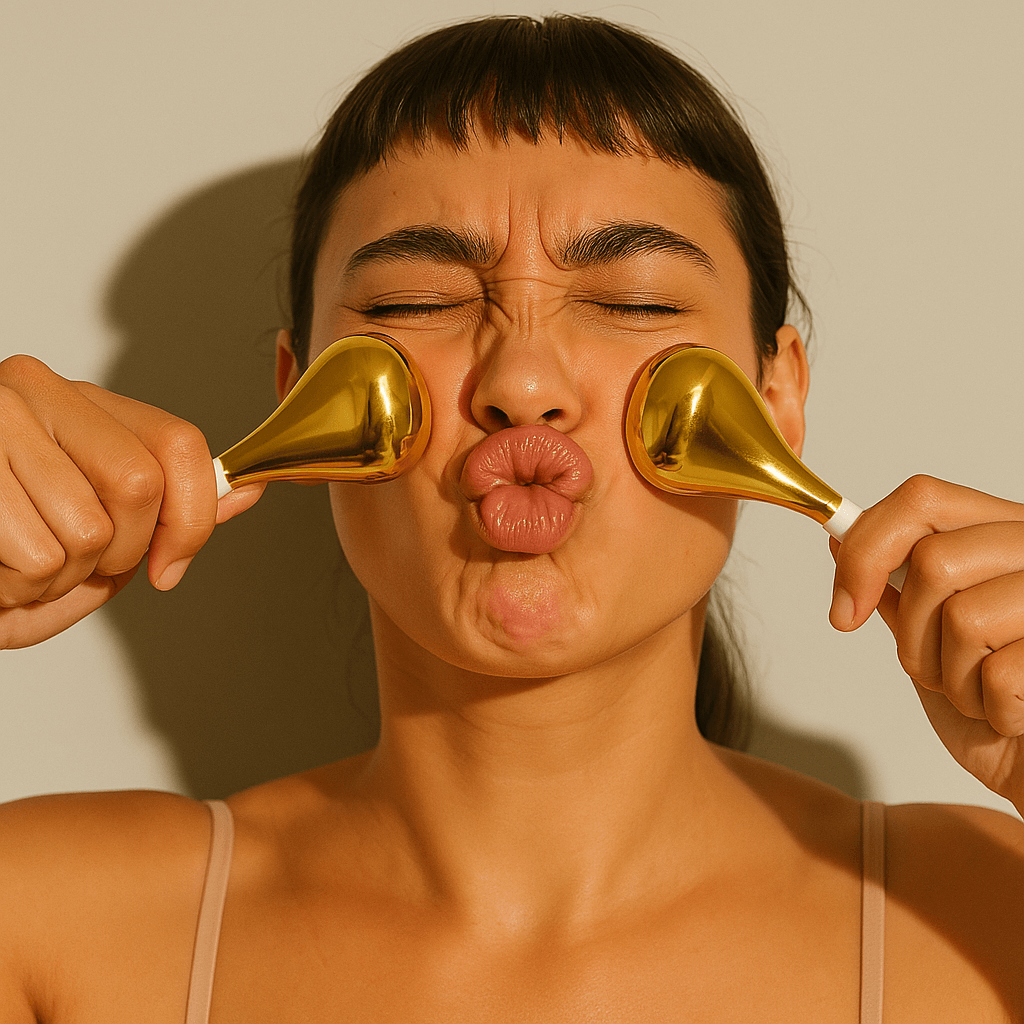 Woman using gold cryo facial wands for a refreshing skincare routine at home, reducing puffiness and dark circles.