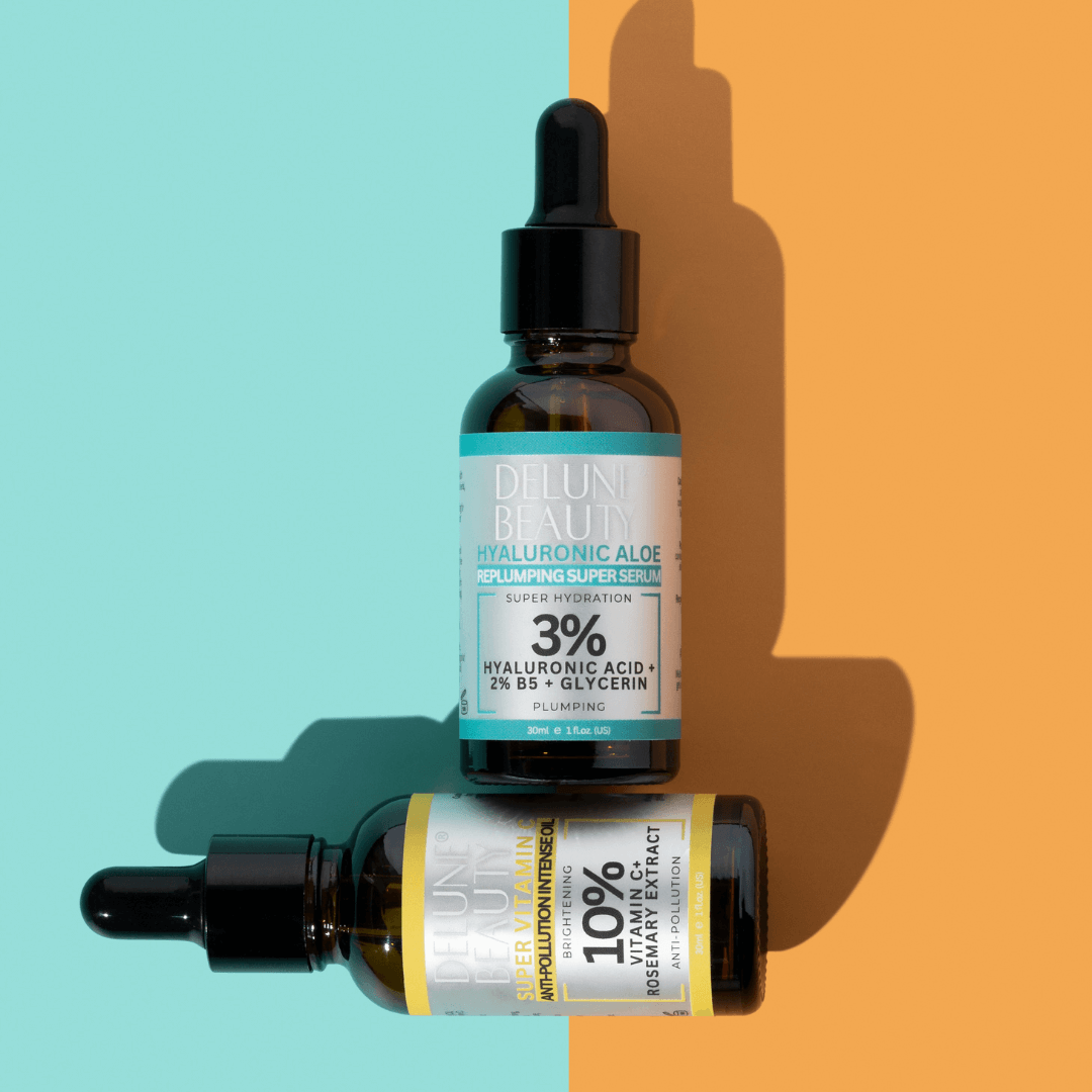 Delune Hyaluronic Acid and Vitamin C Serum Duo on colorful background promoting plump, radiant skin with hydration and radiance benefits.