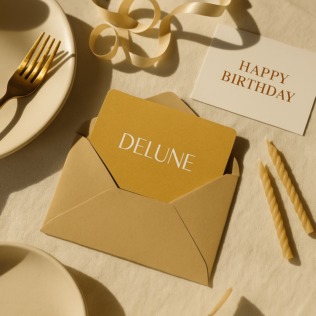 Delune digital gift card in envelope with birthday card, ribbons, and candles, perfect for last-minute gifts.