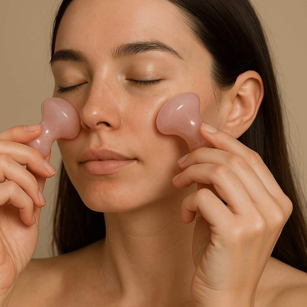 Woman using Jade Quartz Mushroom Eye Massage Tool for eye care
